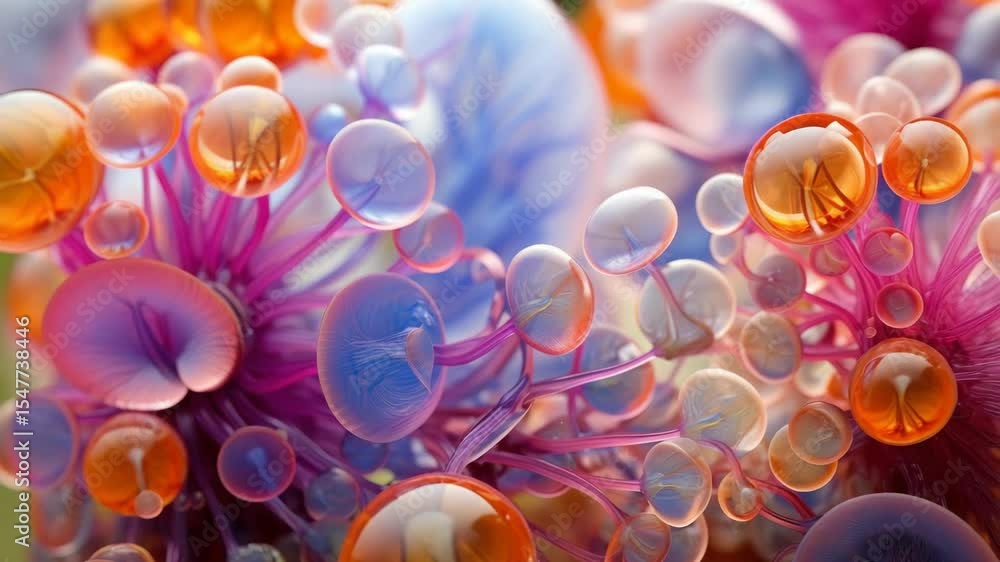 Poster colorful spheres cluster with pink filaments. droplets reflect light creating warm and cool tones. m