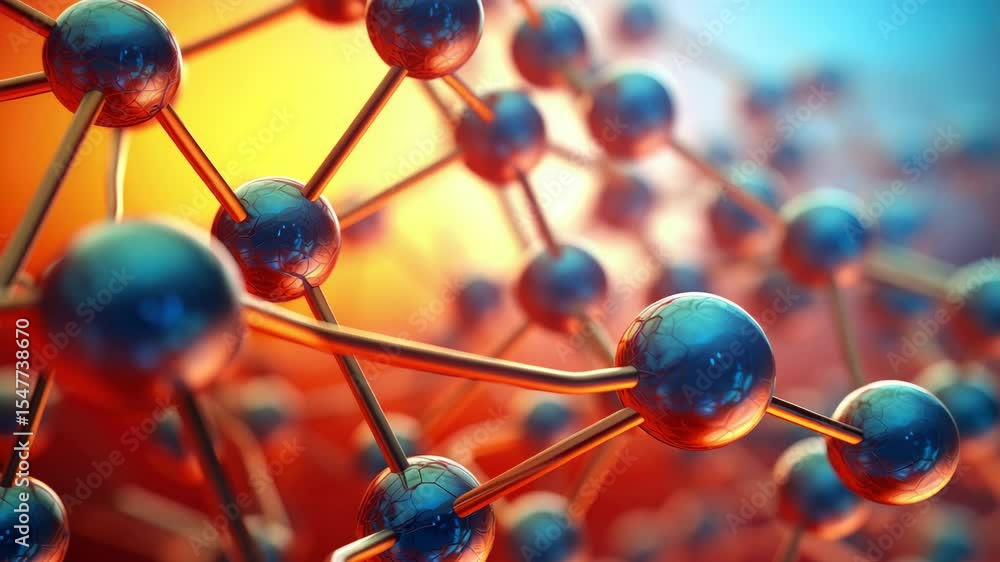 Poster connected spheres linked by rods. abstract network structure with blue balls and red background. sci