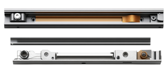 Set of three different drawer slides with various extension types. Each element is separately isolated on white