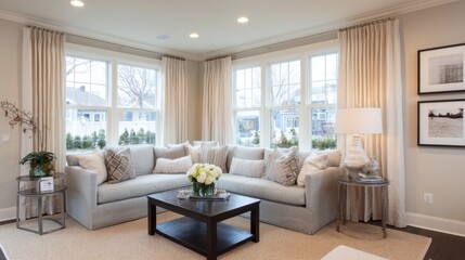Airy living room with light gray sofa, light beige walls, and plenty of natural light