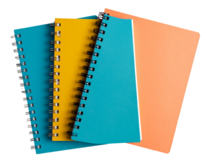 Top View of Colored Spiral Notebooks Stacked in Overlapping Pattern, Transparent Background