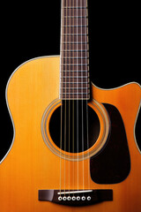 Fototapeta premium Acoustic guitar with a wooden finish is centered and vertically oriented. Musical instrument showcase