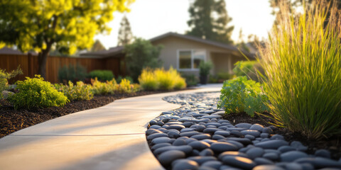 Obraz premium A winding garden pathway lined with smooth stones and vibrant plants leads to a house in the background. Serene garden landscaping at home