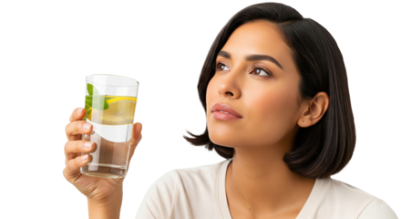 Woman Holding a Glass of Fresh Lemon Water with Mint on Transparent Background