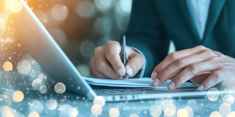 Person writing in a notebook next to a laptop on a desk, with bokeh lights overlay. Concept: productivity, business, technology