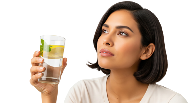 Woman Holding a Glass of Fresh Lemon Water with Mint on Transparent Background
