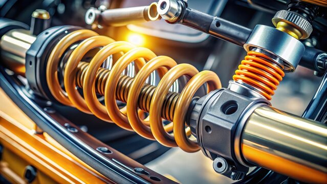 Detailed image of a shock absorber strut with coil spring in a car's suspension system, showcasing the intricate design and components , vehicle repair, engine maintenance