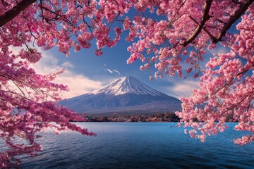 Fototapeta premium Scenic view of Mount Fuji in Japan with cherry blossoms in full bloom reflecting on the calm lake water.