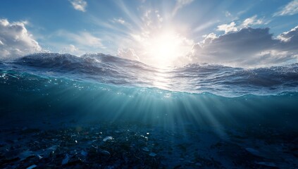Naklejka premium Sunlit ocean waves with rays of light piercing through the water's surface, creating a mesmerizing underwater scene.