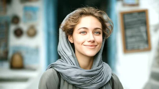 Traveler with Scarf Smiling at Foreign Signage_