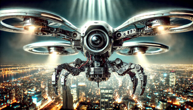 Futuristic camera drone evoking feelings of control, fear, and digital invasion