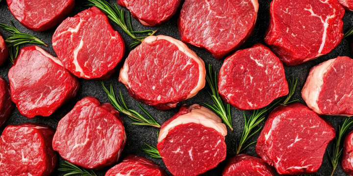 Raw cuts of red meat are arranged neatly on a surface with sprigs of green herbs interspersed. Fresh meat arrangement, cooking preparation concept - Powered by Adobe