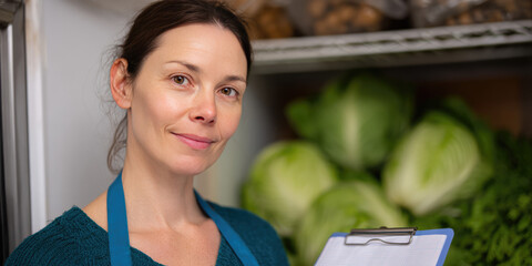 A woman in a blue apron holds a clipboard, standing near a shelf of lettuce. Concept: inventory, organization, fresh produce