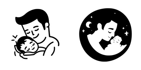 Obraz premium Father lovingly cradles newborn in black icon depicting tender parent-child bond under night sky