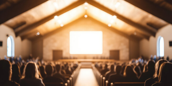 A large group of people sits inside a spacious hall with a bright screen at the front. Audience gathering, presentation, and focused attention