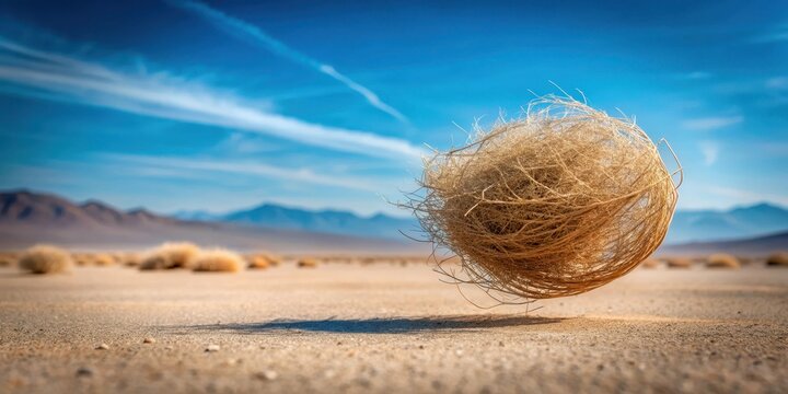 A lone tumbleweed dances in the desert wind, its twisted shape caught in mid-air as it twirls and spins