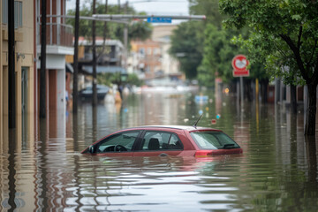 Red car submerged in floodwaters on residential street lined with buildings and trees