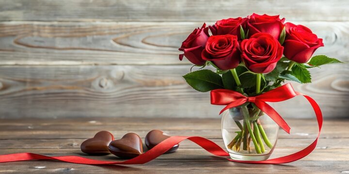 Delicate Red roses arranged in a vase with a delicate red ribbon wrapped around heart-shaped chocolate, love gift, love token