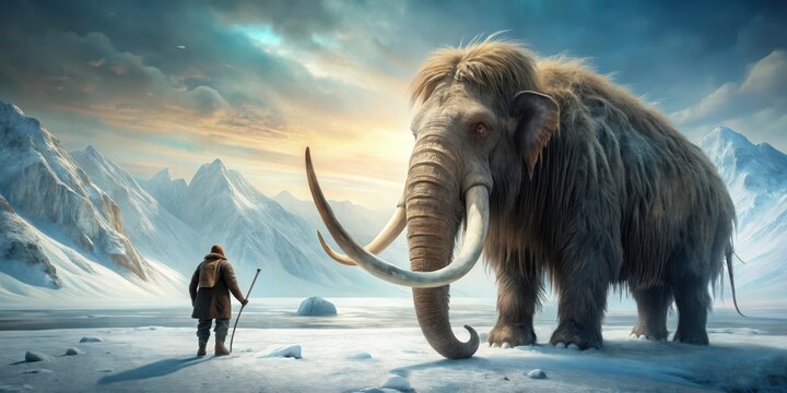 A lone hunter stands poised behind a massive mammoth in the frozen tundra, spear at the ready, wilderness, icy,  wilderness