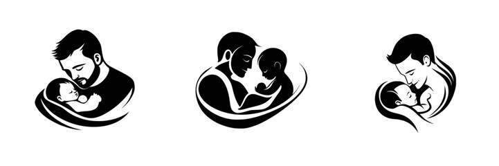 Black icon set representing the bond between fathers and their children in various affectionate poses