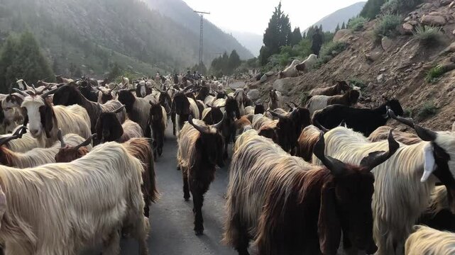 Front-facing view of a large herd of goats walking on a mountain road in northern Pakistan. Livestock in motion captured from road level. Ideal for rural, nature, agriculture, and wildlife themes.