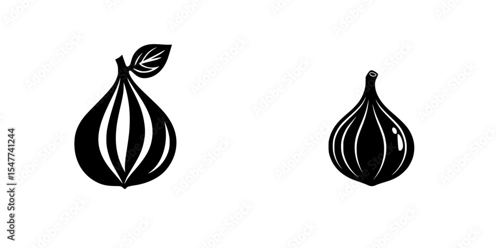 Poster black icon set featuring two distinct onion designs suitable for various graphic applications
