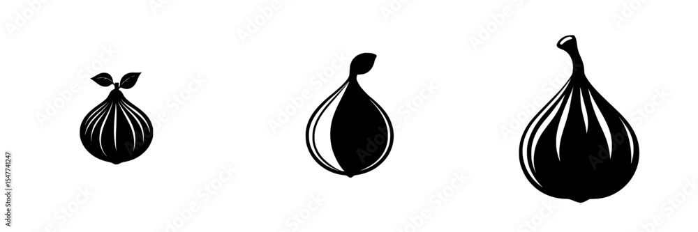 Aufkleber black icon set featuring three stylized fig shapes in varying sizes on a simple background