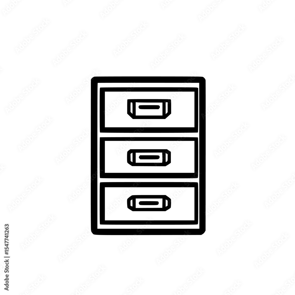 Poster black icon of a three-drawer filing cabinet designed for digital use in minimalistic art, suitable f