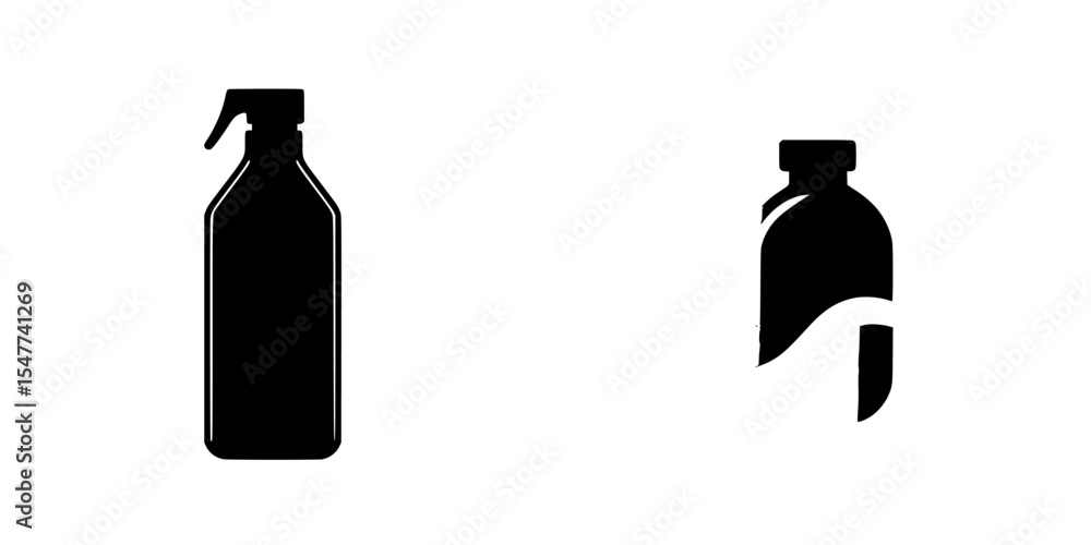 Poster set of black icons representing spray bottle and container with wave design