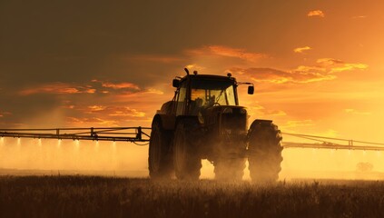 Naklejka premium Golden Sunset on the Farm Tractor Sprays Crops at Twilight, Capturing the Essence of Agriculture