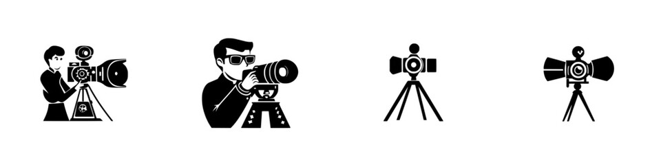 Obraz premium Set of black icons illustrating photographers using cameras on tripods