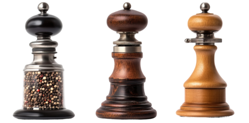 Set of three different pepper mills with various grinding mechanisms. Each element is separately isolated on white