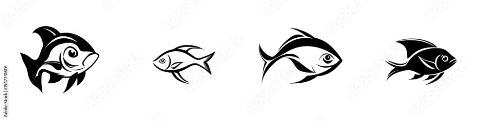Poster different styles of black fish icons showing various designs and shapes for digital or print use