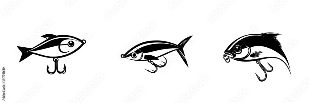 Poster black icons representing various fish designs with hooks suitable for fishing enthusiasts and graphi