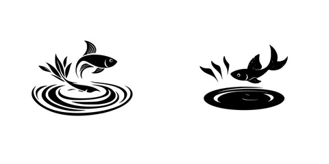 Black icons of fish swimming and splashing in water, showcasing aquatic life in a minimalist design