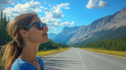 Woman in sunglasses standing on a scenic road with mountains in the background. A bright day full of freedom and wanderlust.