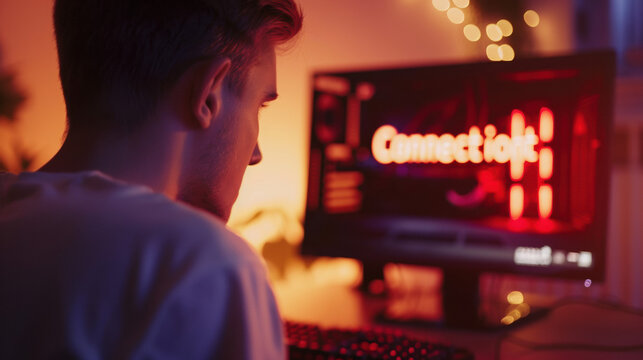 Frustrated young gamer staring at computer screen with connection lost error message, red ping indicator flashing. Online gaming issues, technical problems and internet connection failure concept.