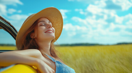 Carefree summer ride. A young woman leans on a yellow car, eyes closed, smiling under the sun. Surrounded by golden fields and blue sky, she enjoys a peaceful moment of freedom, travel, and warm wind.