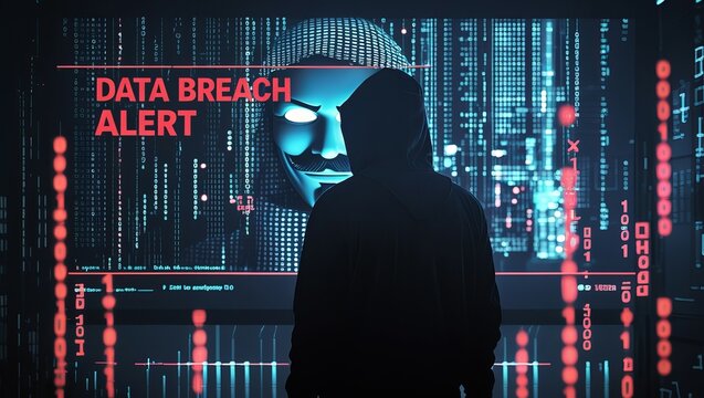 A hooded figure stands before a digital screen displaying a data breach alert, evoking a sense of urgency and mystery.