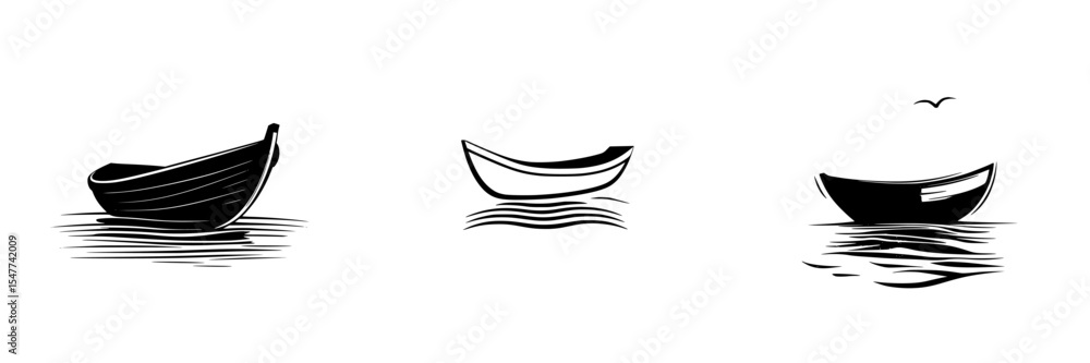 Poster black icons representing different types of boats floating on calm water in a simple and minimalist 