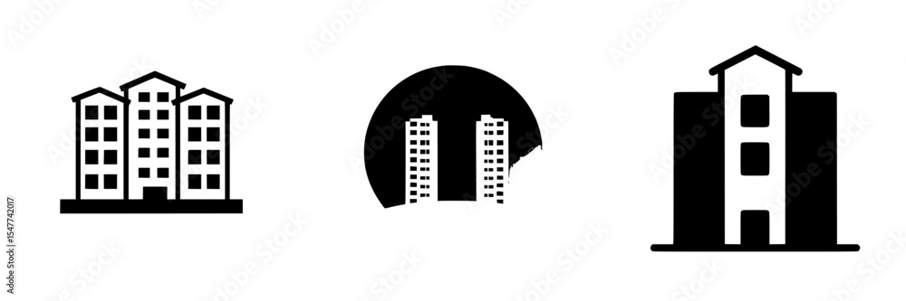 Poster black icons depicting various building structures suitable for urban design and architecture project
