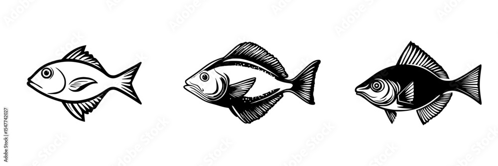 Aufkleber set of three black fish icons in distinct styles showcasing unique designs and shapes