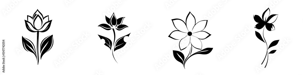 Poster stylized black icon designs featuring four distinct flower illustrations with various shapes and lea