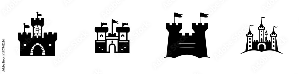 Poster set of black castle icons suitable for various design projects, showcasing different styles and arch