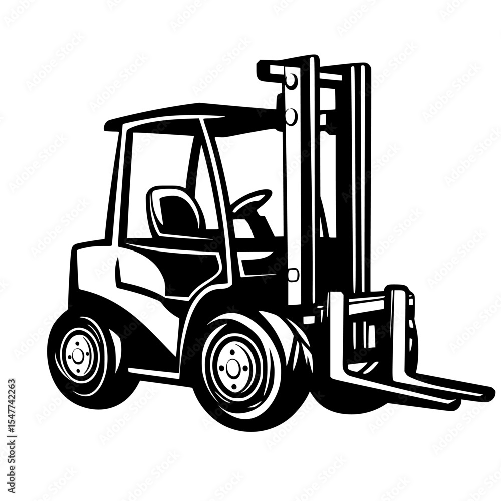 Poster black icon of a forklift in a simple design, showcasing its structure and features clearly