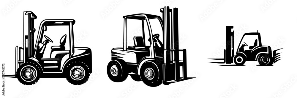 Poster set of black icons displaying different styles of forklifts designed for industrial use in various o