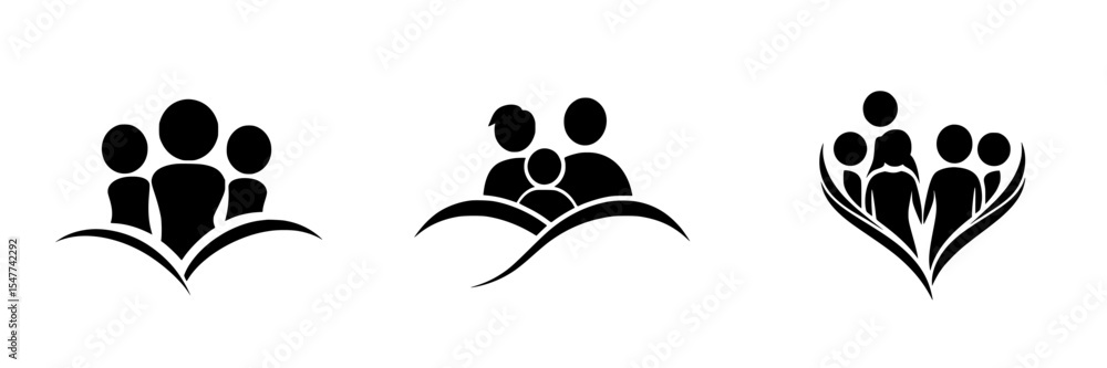 Poster black icons representing family unity and togetherness with simple, abstract design features and flo