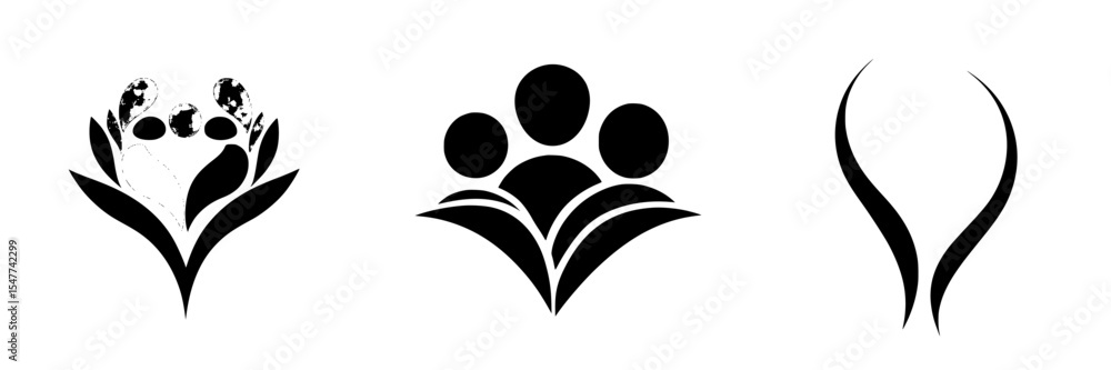 Poster black icons representing various floral and paw designs on a white background with simple and clean 
