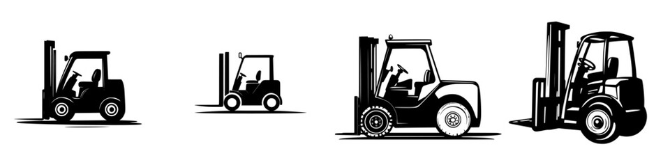Naklejka premium Collection of black icons depicting various forklift designs in different positions and perspectives