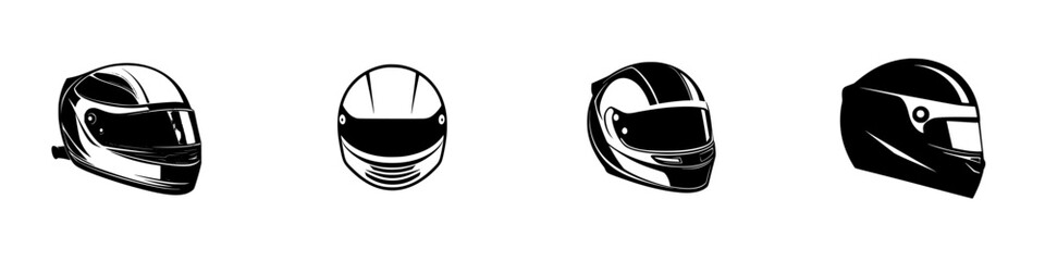 Fototapeta premium Stylized black icons of racing helmets showcasing different designs and styles for motorsport enthusiasts